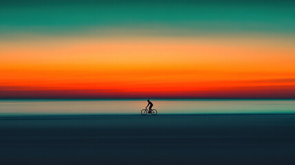 Fototapeta premium A lone cyclist riding on the beach at sunset, the sky painted in hues of orange and teal, a minimalist composition with clean lines
