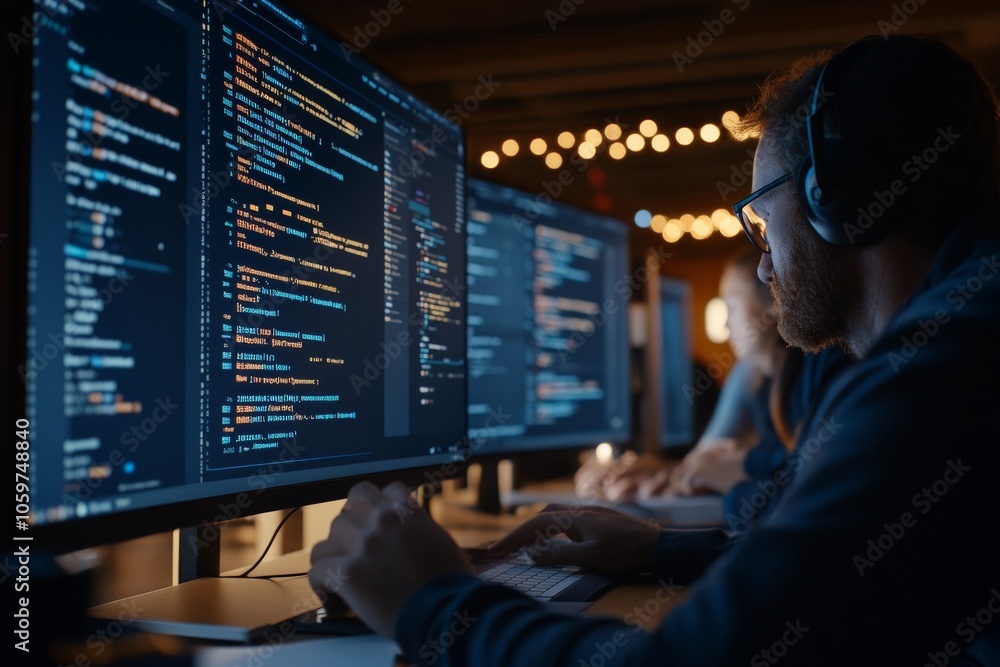 Poster a focused software developer writes code at a workstation featuring multiple monitors, showcasing co