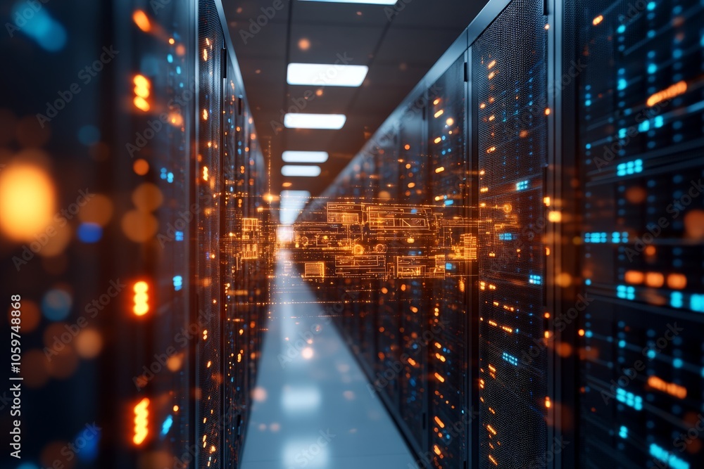Poster a state-of-the-art data center featuring modern technology and glowing servers, representing the hea
