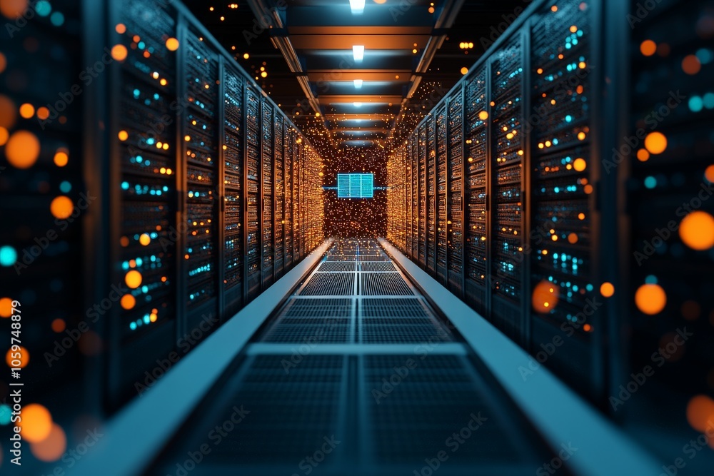 Poster a digital particles afloat in a high-tech server room, creating an ethereal and advanced atmosphere 