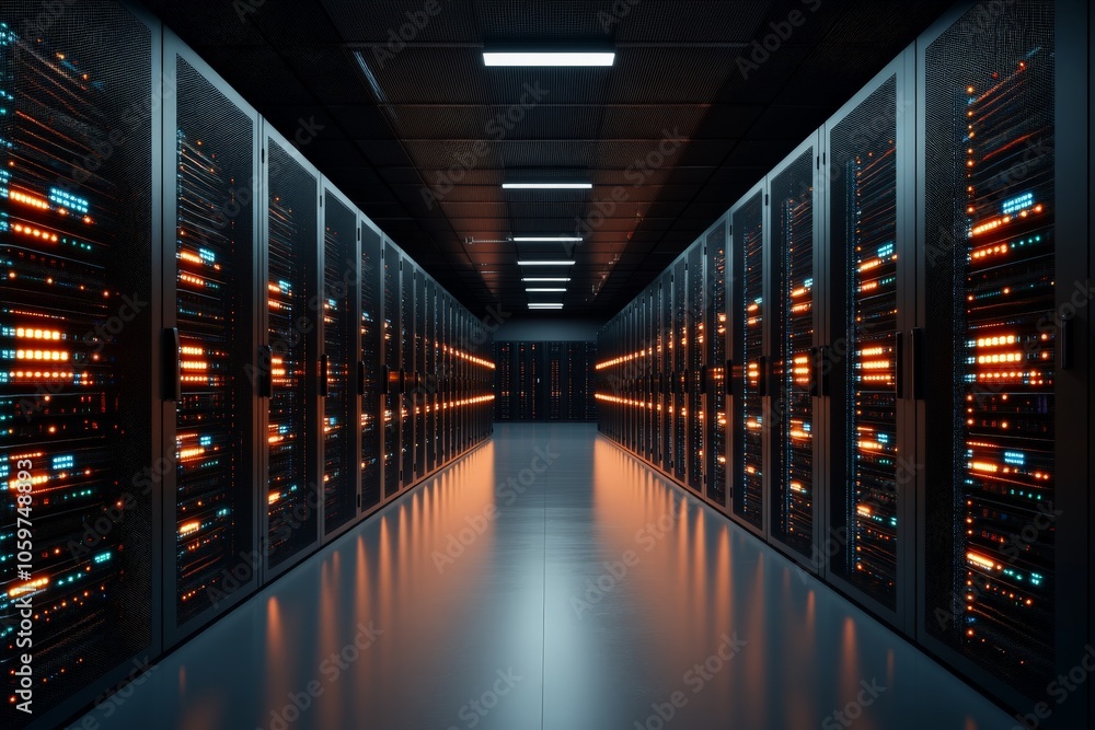 Poster a symmetrical server corridor adorned with orange-hued lights that create an ambiance of warmth and 