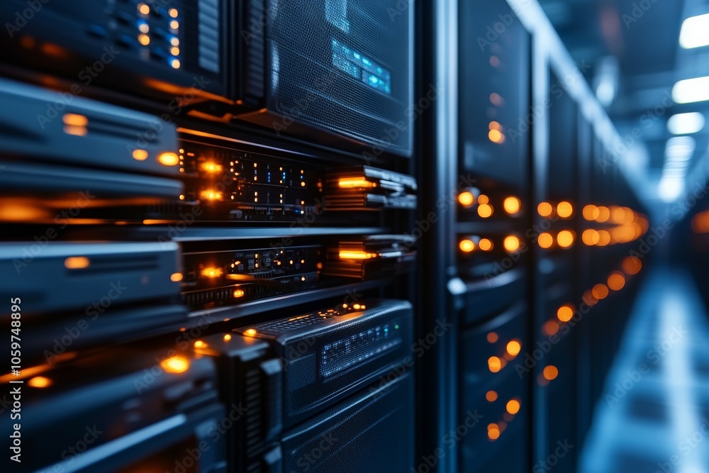 Poster a dynamic view of server racks with illuminated lights showcasing advanced technology and efficiency