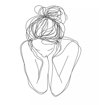 recommend clip art: One line drawing of a woman with her head in her hands, very messy hair, simple vector illustration, white background