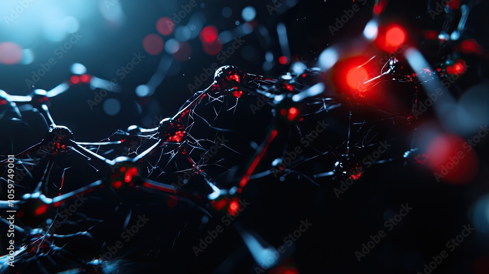 Poster abstract molecular structure with glowing red nodes on dark background.