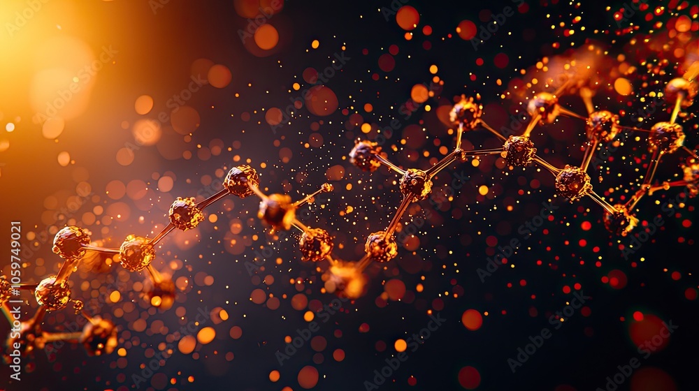 Poster abstract molecular structure with glowing particles on a dark background.