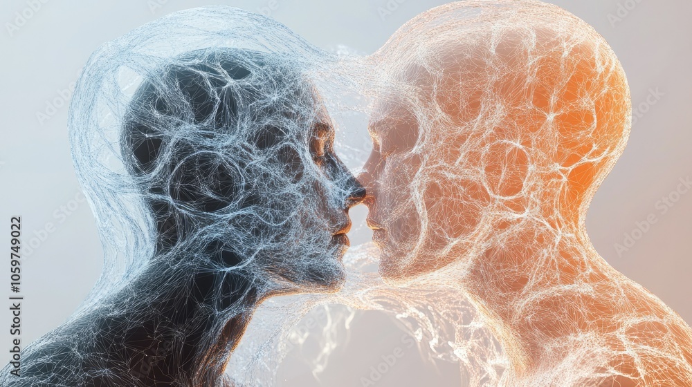 Poster 3D render exploring humanity interaction with tech, intricate structures blending human form with digital lines