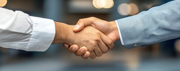 Close-up shot of a confident handshake in a professional setting, symbolizing business partnership.