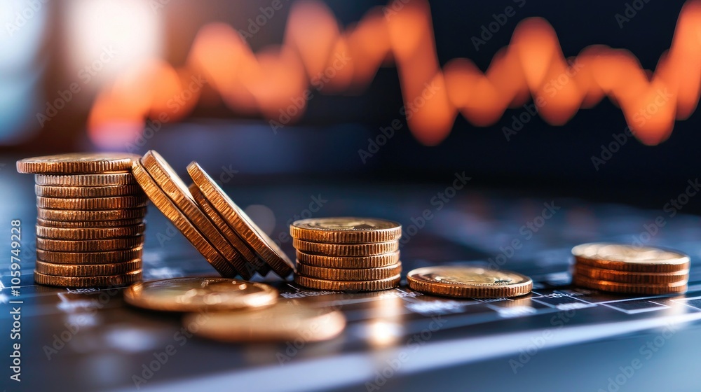 Poster coins stacked on a table with a financial graph in the background.