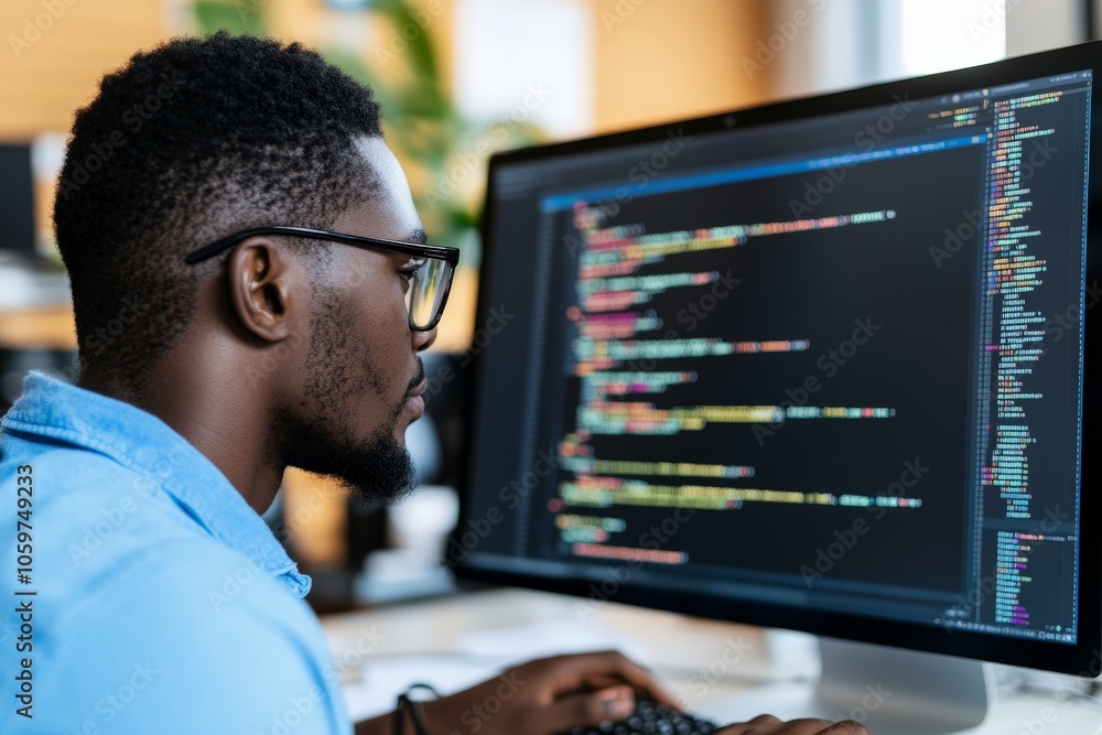 Poster a professional developer deeply engaged in coding on a large monitor, depicting focus and skilful so