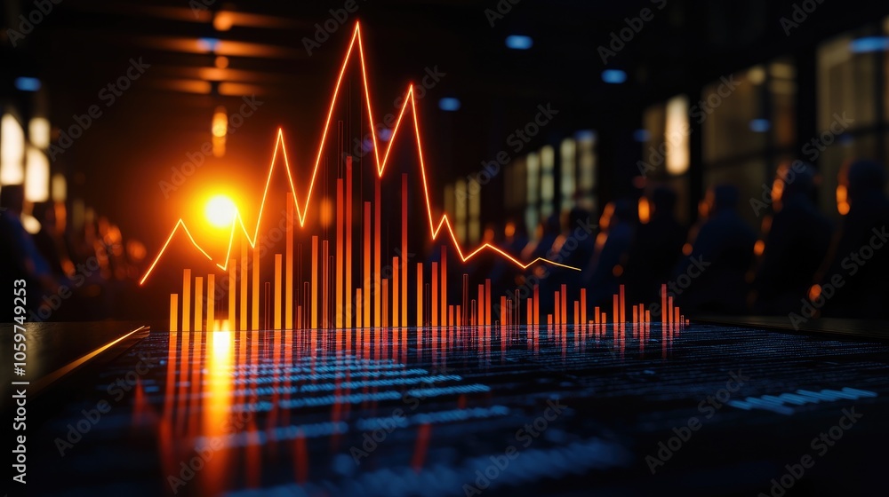Poster dynamic data visualization with glowing graphs against a sunset backdrop