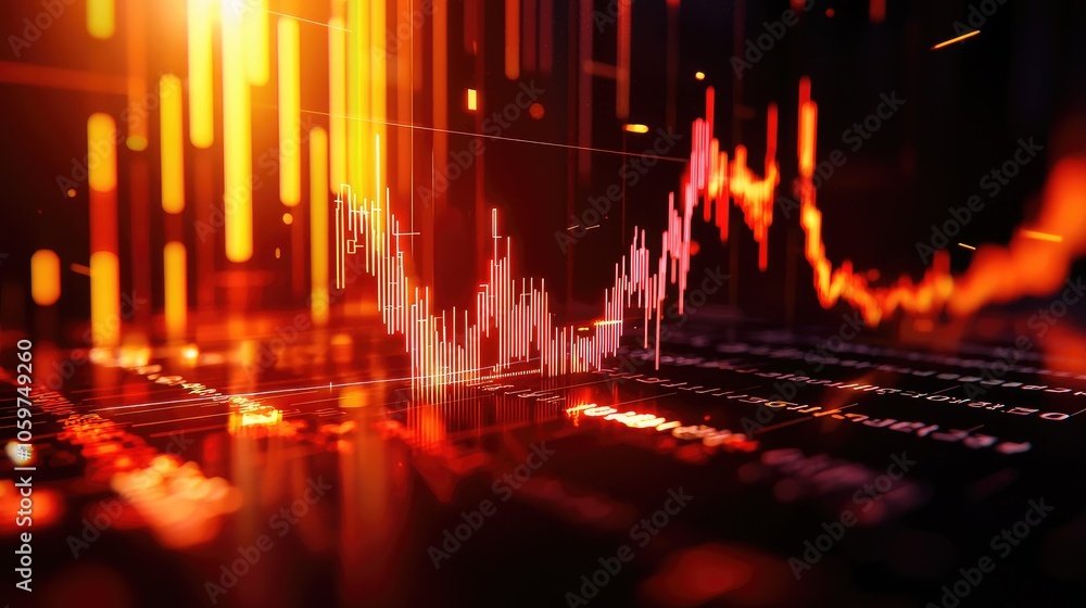 Poster data visualization with stock market trends and vibrant color patterns.