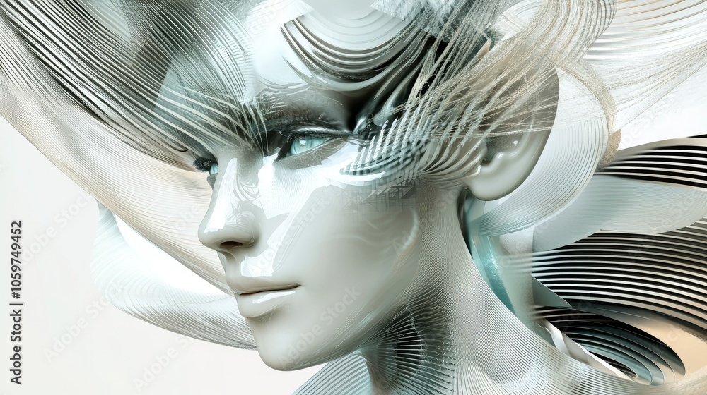 Poster abstract 3d concept of human and technology fusion, blending organic forms with digital aesthetics