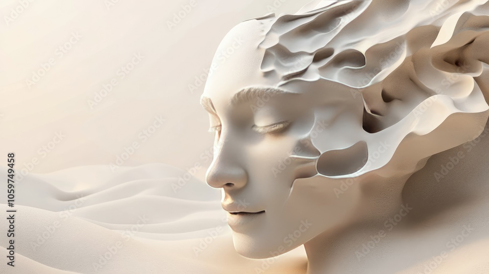 Poster abstract 3d concept of human and technology fusion, blending organic forms with digital aesthetics