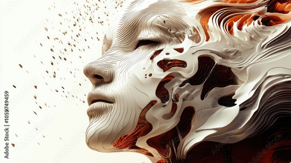 Poster abstract 3d concept of human and technology fusion, blending organic forms with digital aesthetics