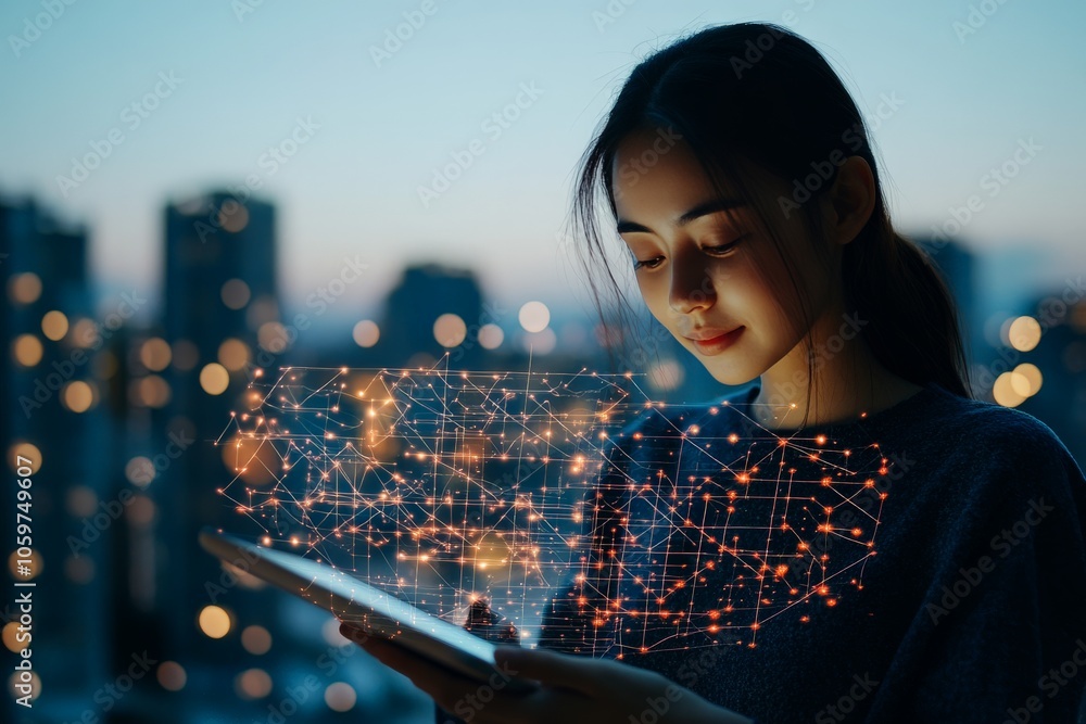 Poster an individual interacts with a digital display on a tablet, immersed in a futuristic setting. this i