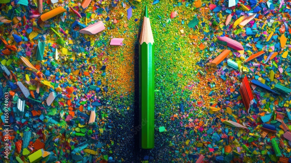 Poster bright green pencil surrounded by a vivid array of colorful shavings, scattered artistically for a s