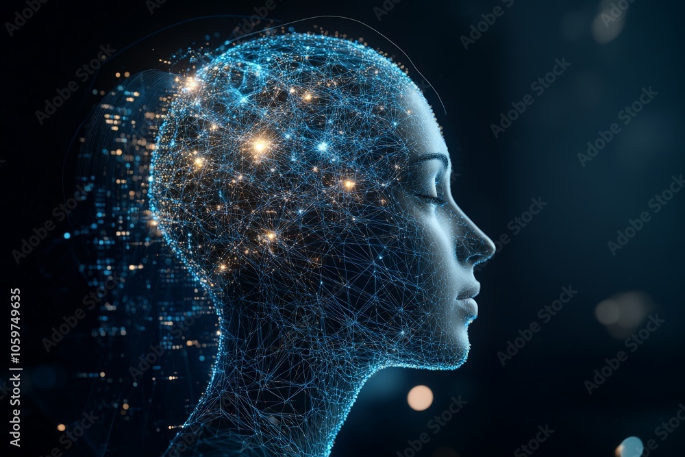 Poster a digital representation of a human head intricately connected with glowing dots, symbolizing connec