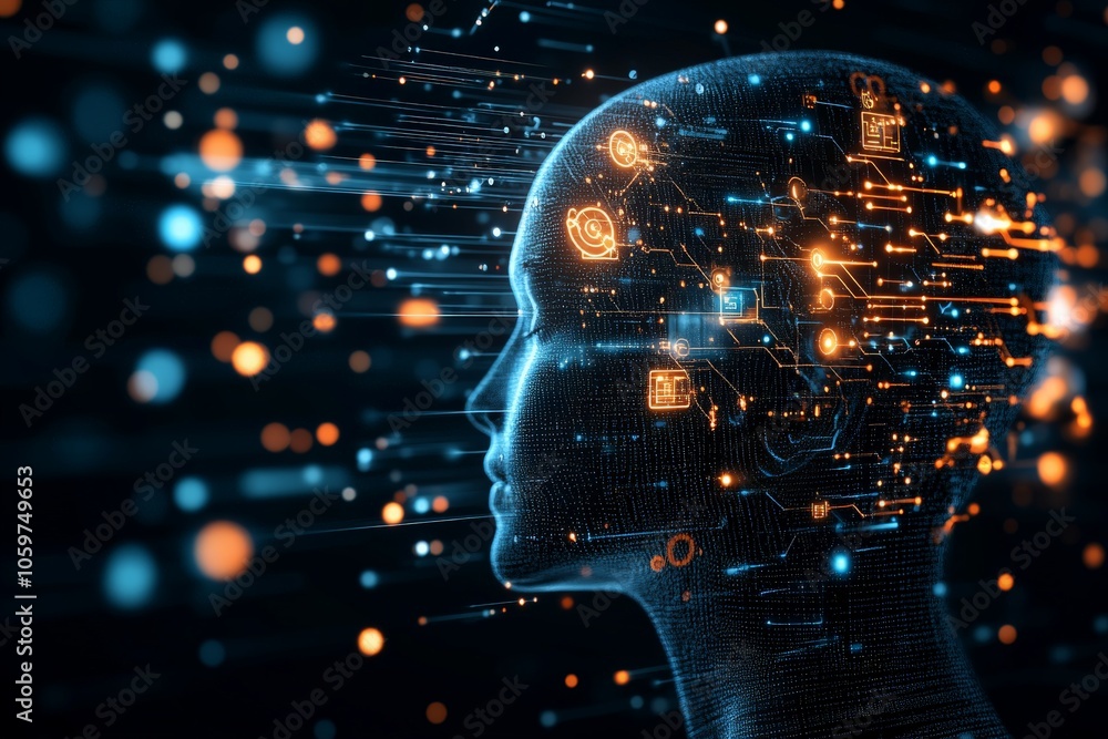 Poster profile of a person with embedded circuit-like structures suggesting a merger between technology and