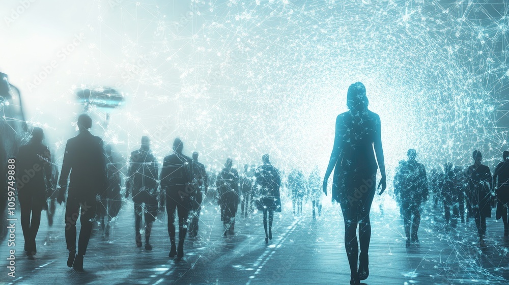 Poster conceptual 3d render showing the convergence of humanity and technology, intricate details blending 