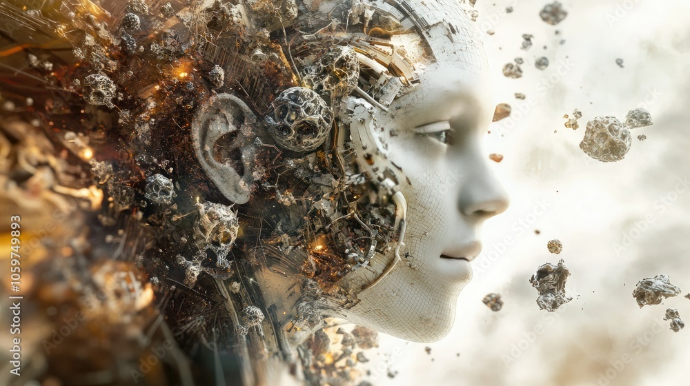 Poster conceptual 3d render showing the convergence of humanity and technology, intricate details blending 