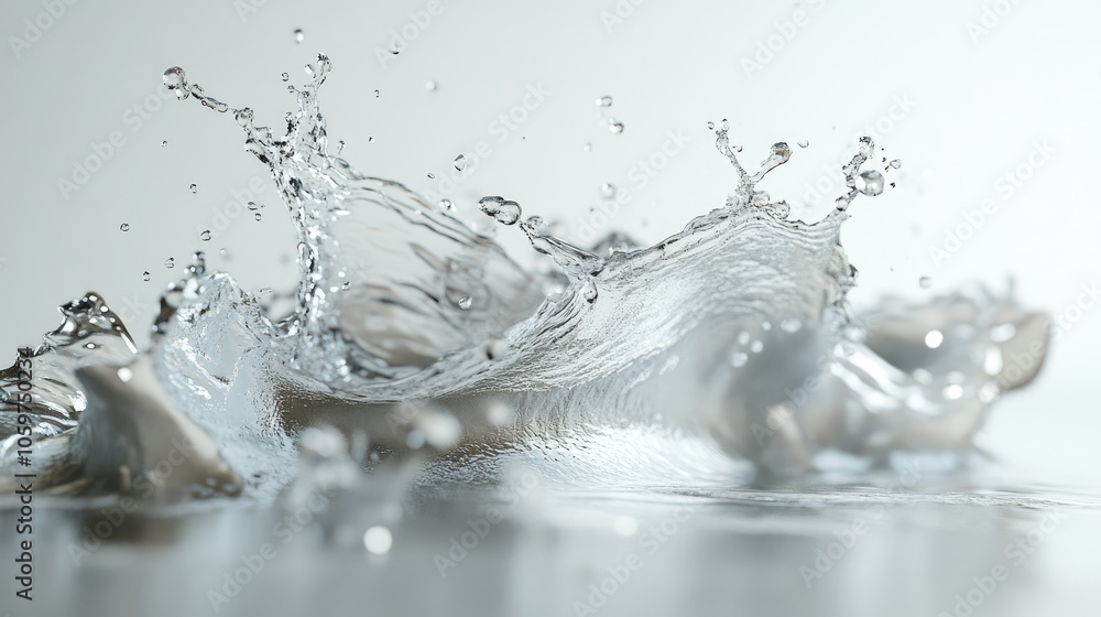 Poster dynamic water splash on a clean white background, capturing fluid motion and refreshing energy