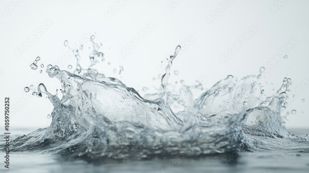 Poster dynamic water splash on a clean white background, capturing fluid motion and refreshing energy