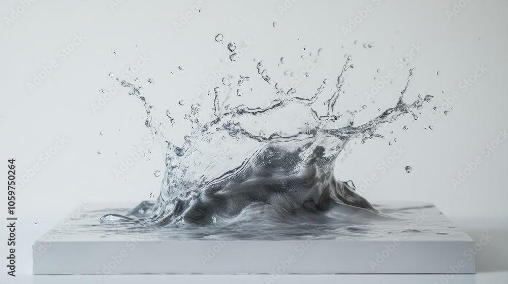 Poster dynamic water splash on a clean white background, capturing fluid motion and refreshing energy