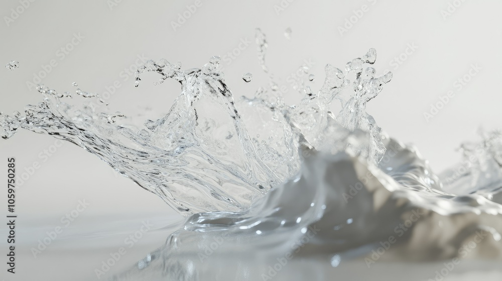 Poster dynamic water splash on a clean white background, capturing fluid motion and refreshing energy