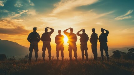 Fototapeta premium Silhouetted Soldiers Saluting at Sunset