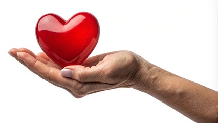 Obraz premium A close-up of a hand holding a red heart-shaped object against a transparent background, symbolizing love, care, and support. Perfect for themes related to relationships, health, and emotional connect