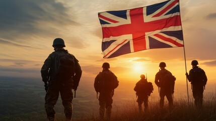 British Soldiers Silhouetted Against Sunset with Union Jack Flag