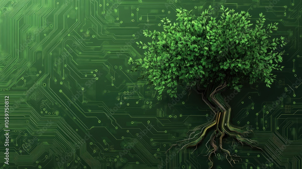 Poster green digital tree growing on a circuit board background, representing the integration of tech and e