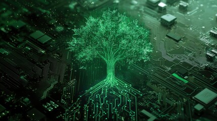 Fototapeta premium Green digital tree overlay on a circuit board, combining environmental and technological themes for sustainable design