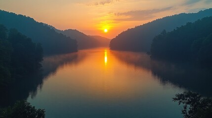 Fototapeta premium Misty Sunrise Over a Calm Lake Between Two Silhouetted Mountain Ranges