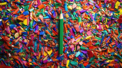 Fototapeta premium Green pencil at center of a vibrant, scattered display of colorful shavings, creating a scene of artistic energy