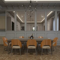 modern contemporary  dining room with classic architecture. 3d illustration