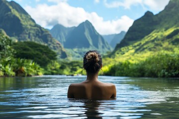 Fototapeta premium Young woman finds tranquil solitude while wading in a serene river surrounded by majestic mountains during a sunny day