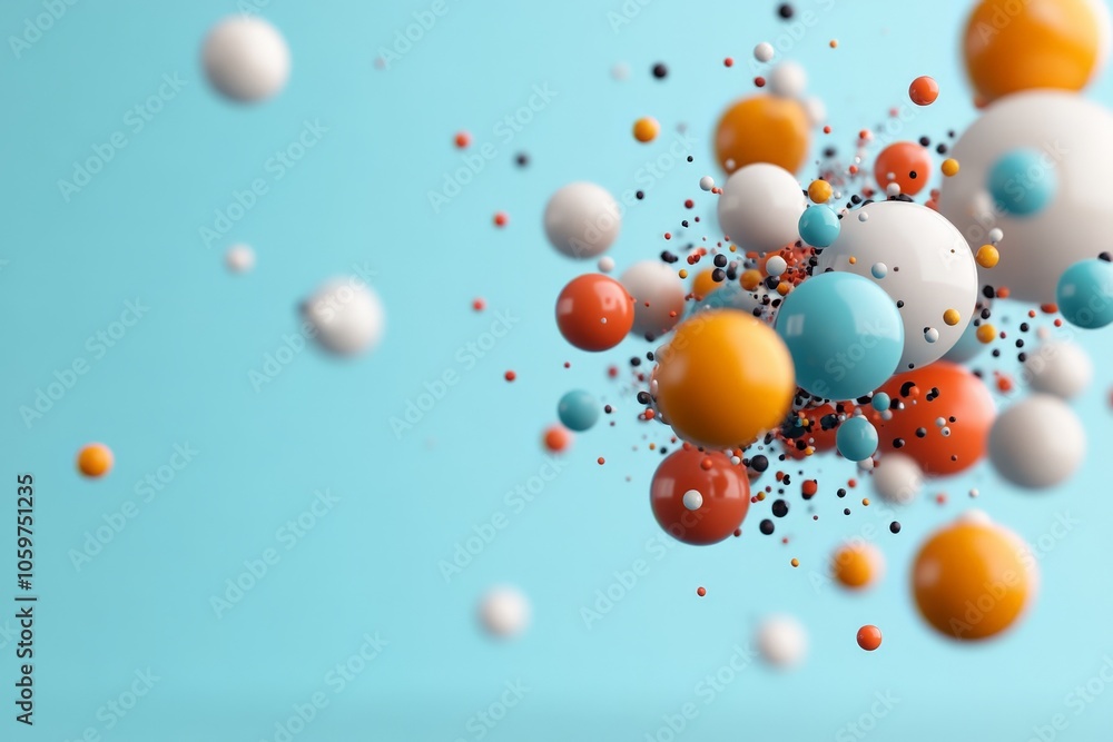 Poster an abstract image featuring a burst of colorful spheres in various sizes, dynamically scattered agai