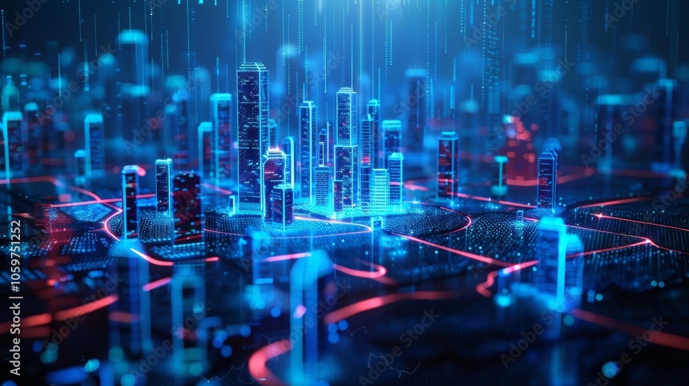 Aufkleber complex network of interconnected devices exchanging data, creating a futuristic cityscape illuminat