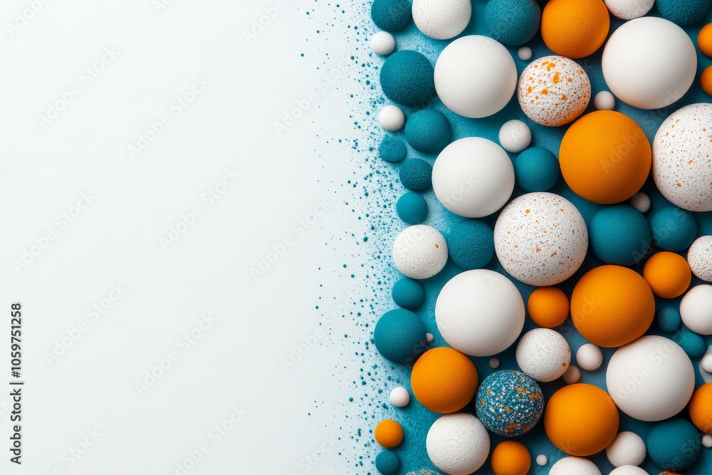 Poster colorful spheres in organized patterns with textured surfaces appear on a split canvas, giving the i
