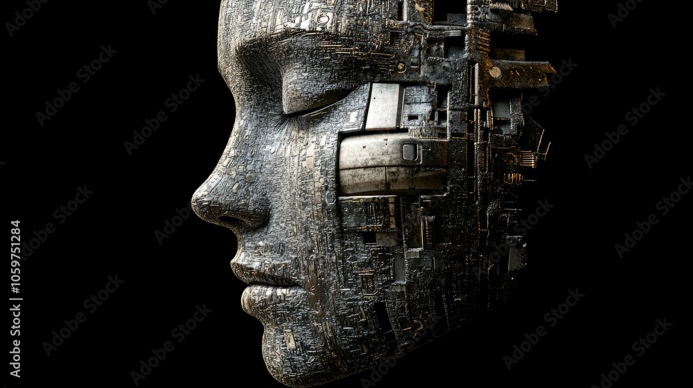 Poster human face blending into technology in a 3d render, concept of digital-human convergence, futuristic