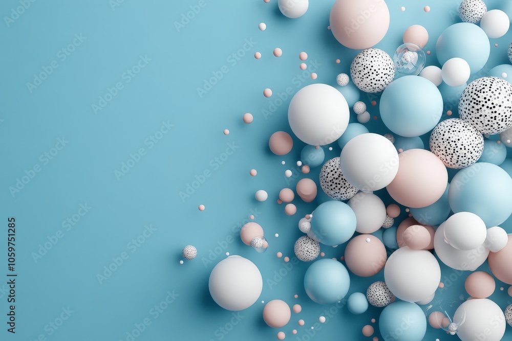 Poster pastel-colored spheres in varying sizes are artistically designed against a soft blue canvas, exhibi