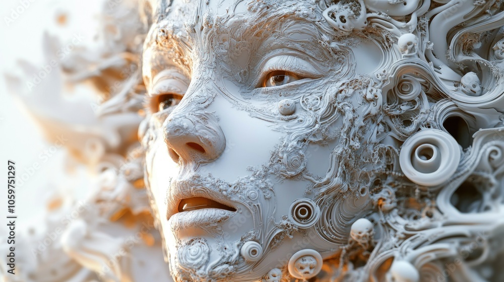Poster human face blending into technology in a 3d render, concept of digital-human convergence, futuristic