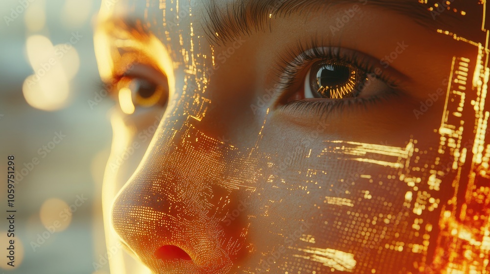 Poster human face blending into technology in a 3d render, concept of digital-human convergence, futuristic