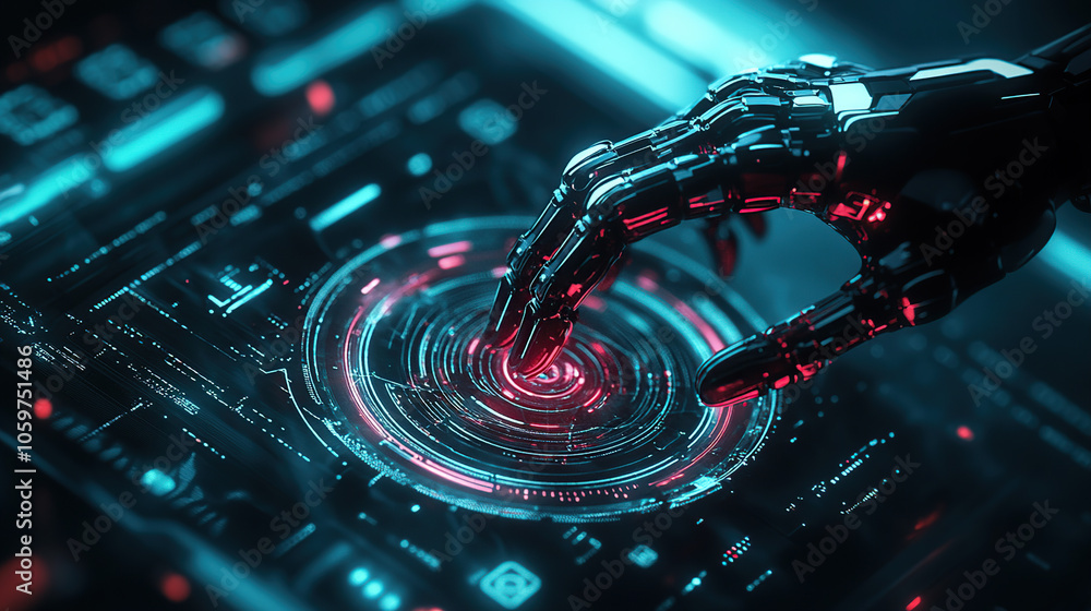 Poster abstract futuristic robot hand touching a digital holographic screen with circular high-tech element
