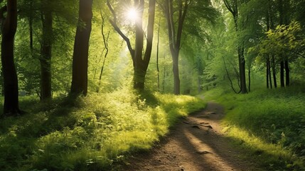 Serene Sunlit Path Through a Green Forest