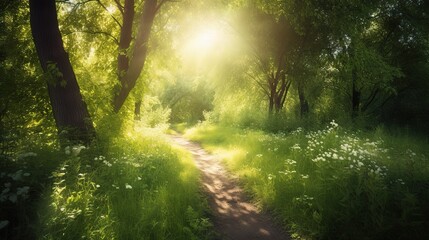 Obraz premium Sunlit Pathway Through Lush Green Forest