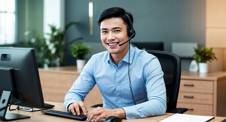 Indonesian call center agent wearing headset friendly smile casual office setting customer service desk background early twenties male