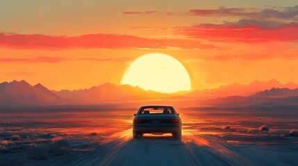A lone car drives towards a vibrant sunset over a mountain range.