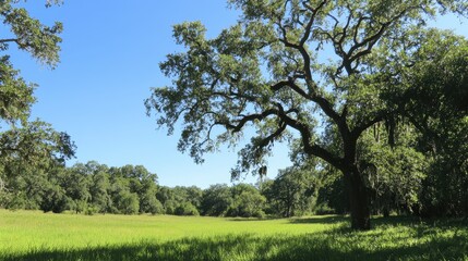 Oak tree and blue sky on a bright day with lush green grass, providing a peaceful banner layout with ample space for text